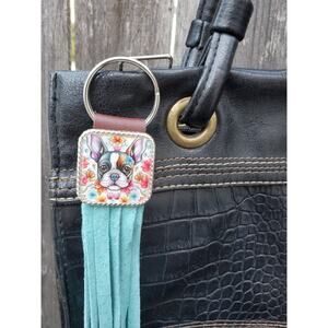 Handmade boho Boston terrier Gift Leather Fringe Western bag charm keychain